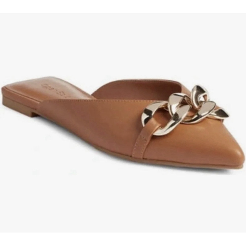 Open Edit Women's Kristina Pointed Toe Mule Camel Brown Gold Chain Size 9